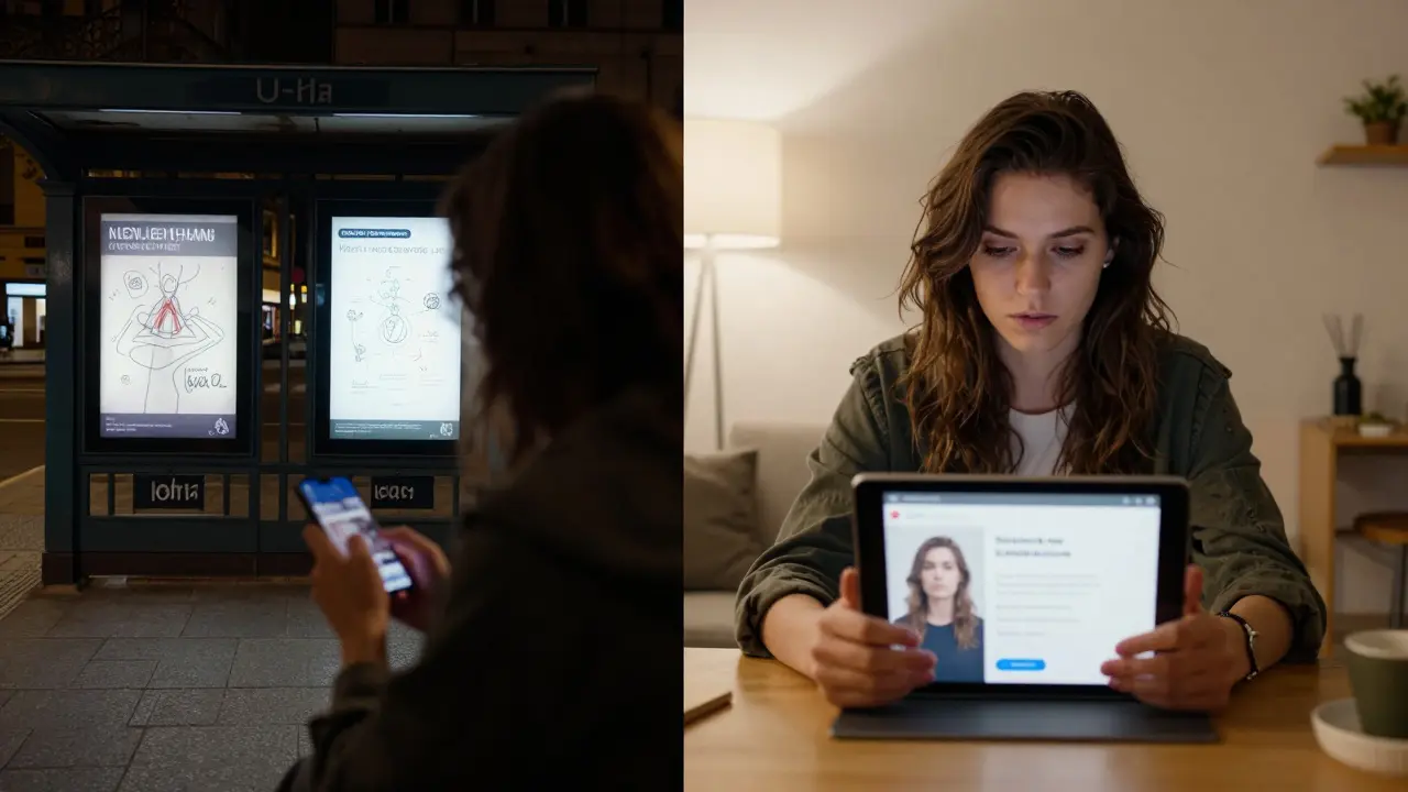 Contrasting scenes: one of a person at risk on a dark street, another safely video-calling a verified companion.