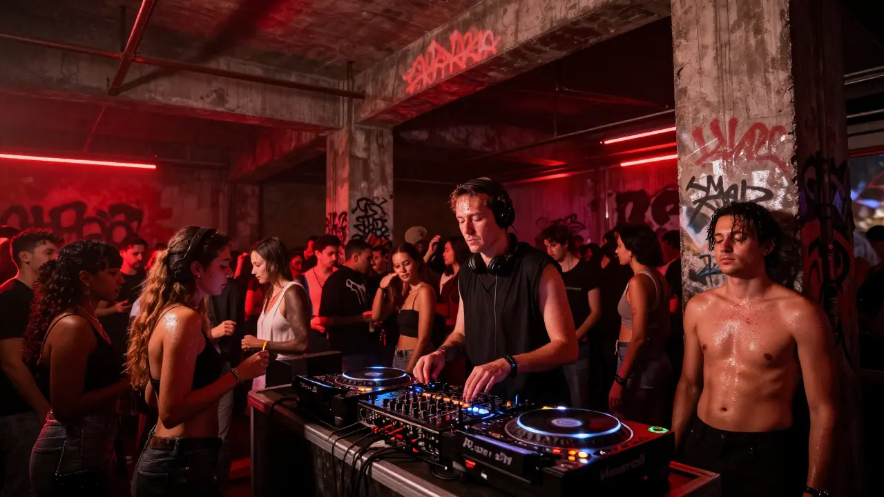 Crowd dancing in a concrete underground club under red strobe lights with a DJ at the turntables.