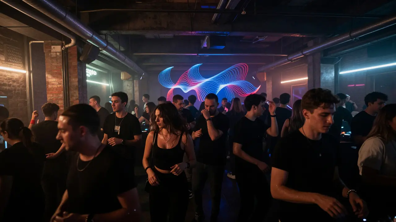 Crowd dancing in a dark industrial club with neon lights and pulsing beats.