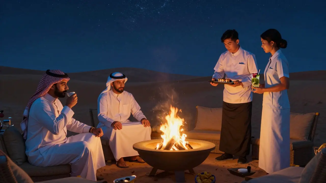 Desert lounge at night with fire pit, starry sky, and people sharing drinks and stories under calm desert air.