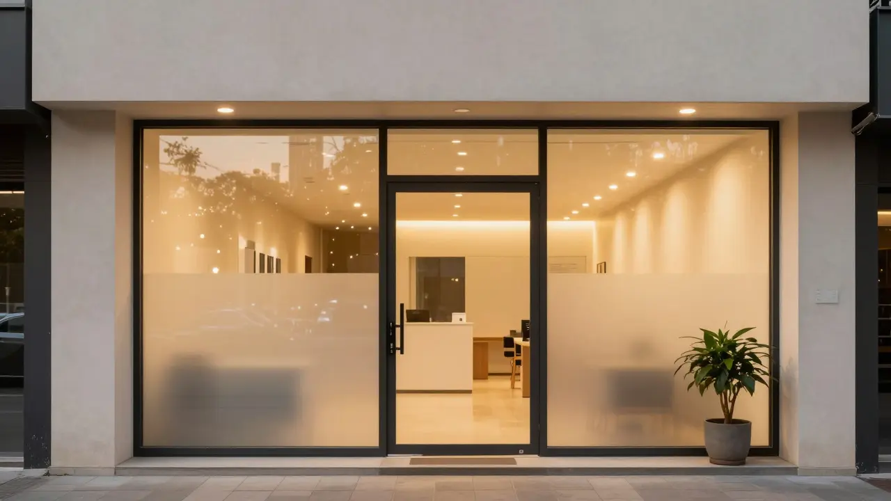 Discreet boutique office entrance with warm interior lighting