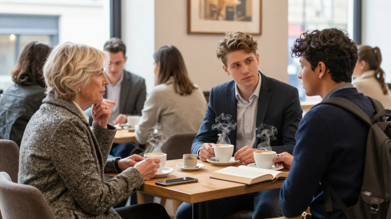 Diverse clients enjoy calm, non-sexual conversations with companions in a cozy London café.
