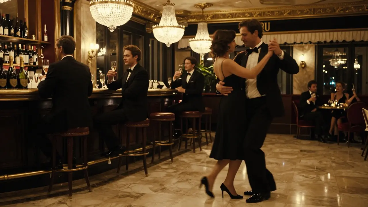 Elegant guests dancing in Café de Paris under chandeliers, sipping vintage champagne in a polished marble room.