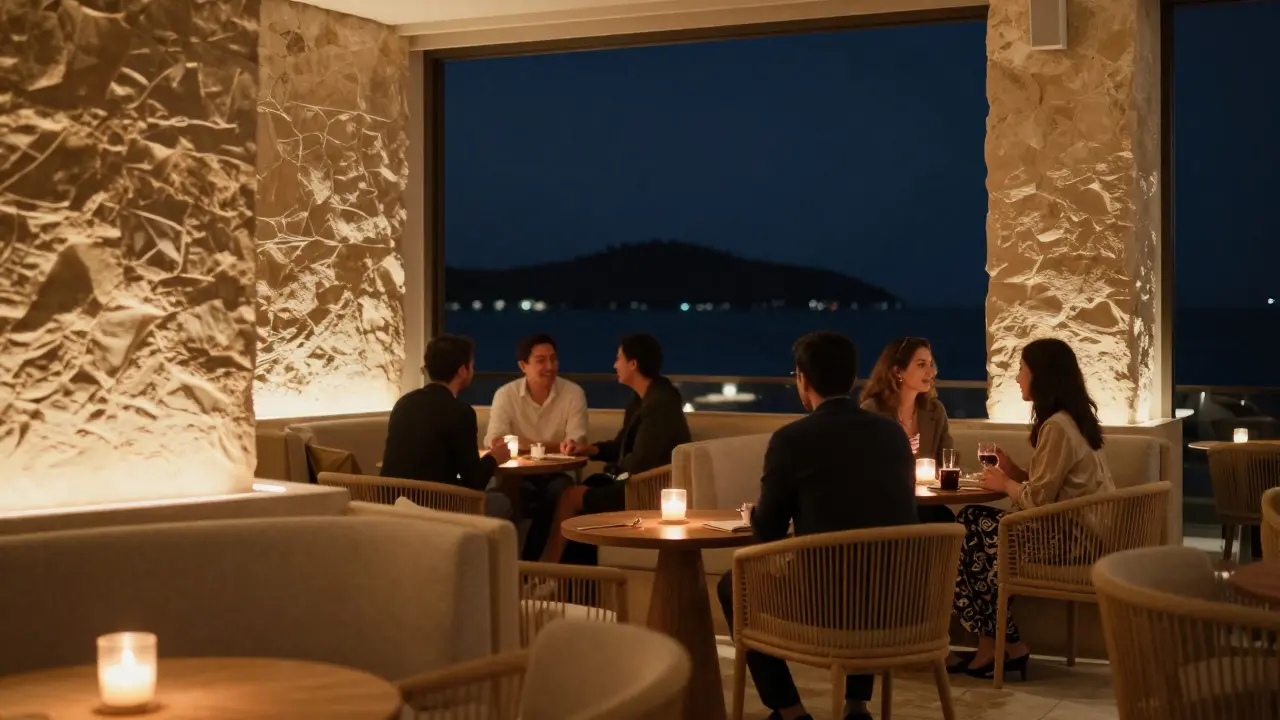 Elegant lounge interior with guests and candlelight