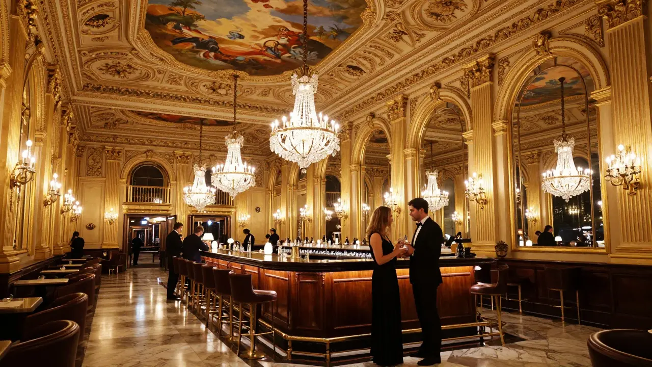 Grand casino lobby with gilded mirrors and formal attire