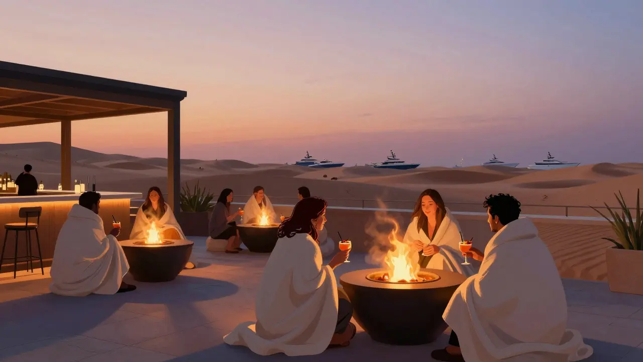 Guests relaxing around fire pits at Levitation Rooftop Bar under a twilight sky with desert views.