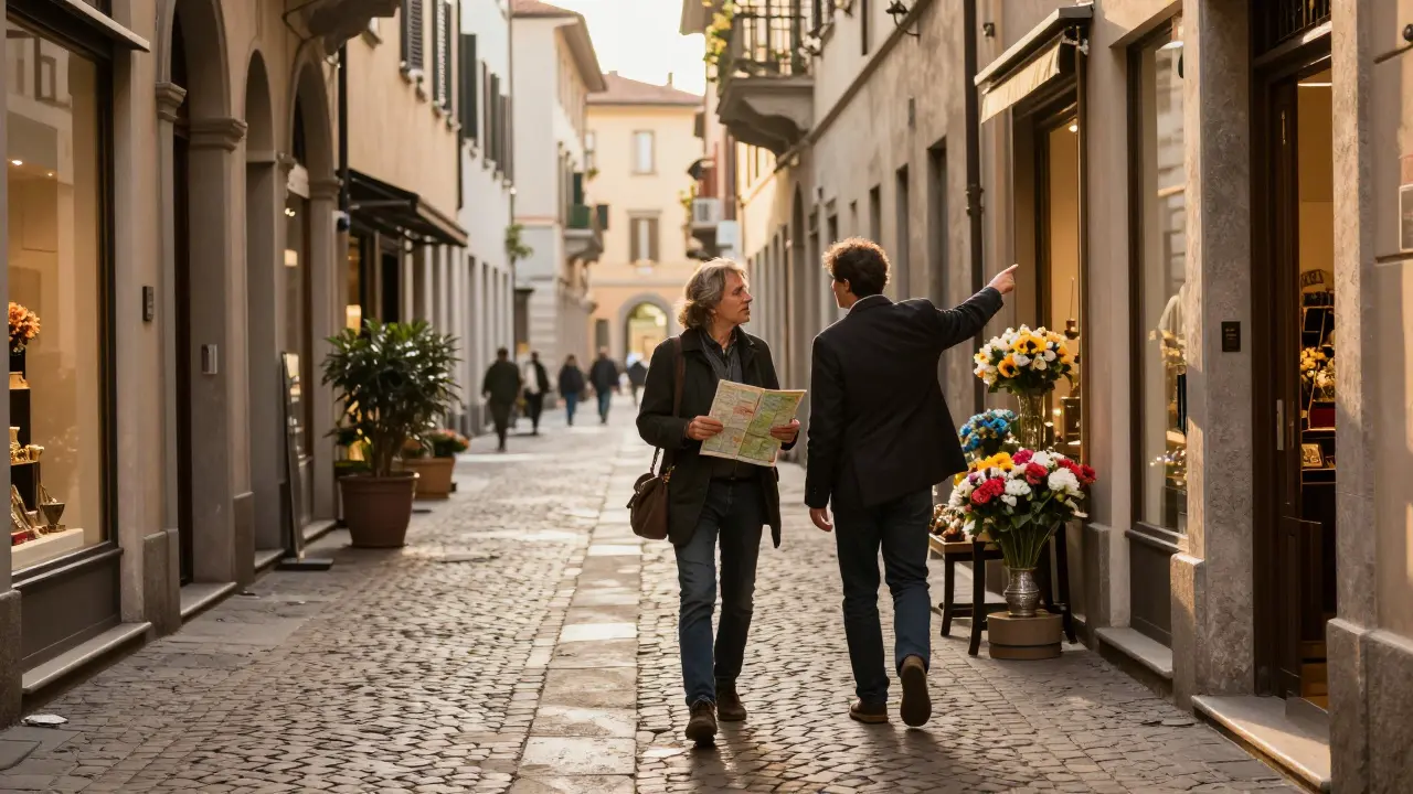 Guided walk through Brera district in golden sunlight