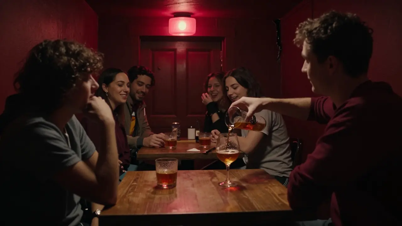 Hidden basement bar Le Petit Coin with dim red lighting and locals laughing over cocktails.