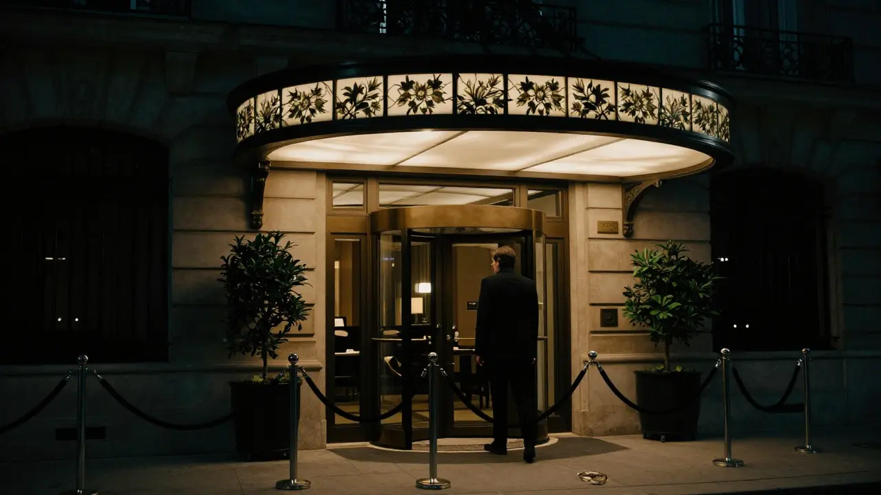 Hotel entrance under canopy at night with dramatic lighting