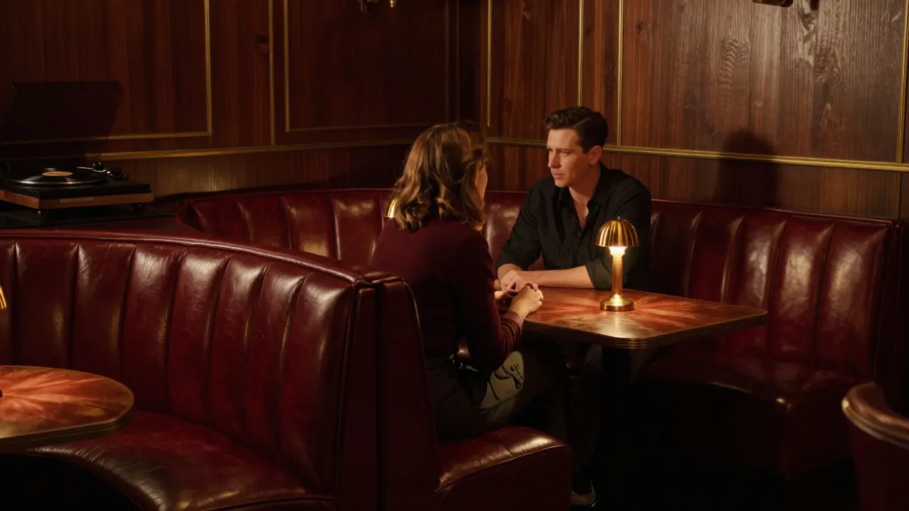 Intimate lounge interior with leather seating and warm light