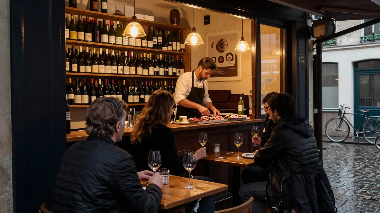 Locals sipping wine in a cozy Parisian bar with shelves of bottles and warm lighting.