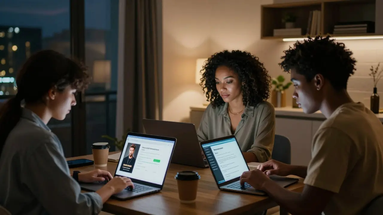 Modern London escorts working independently on laptops, screens glowing with profiles and messages.