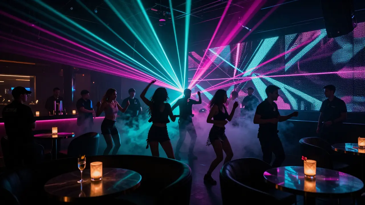 Neon-lit nightclub crowd dancing under laser lights