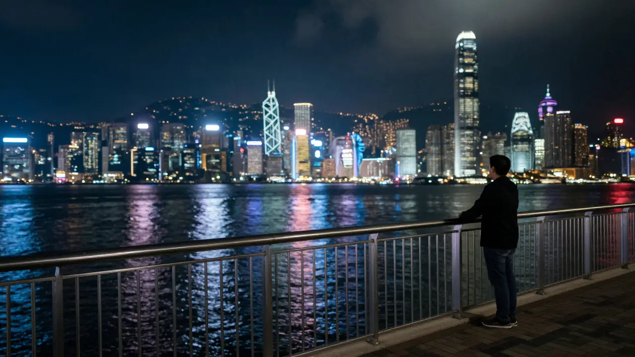 Night view of city lights reflecting on lagoon water