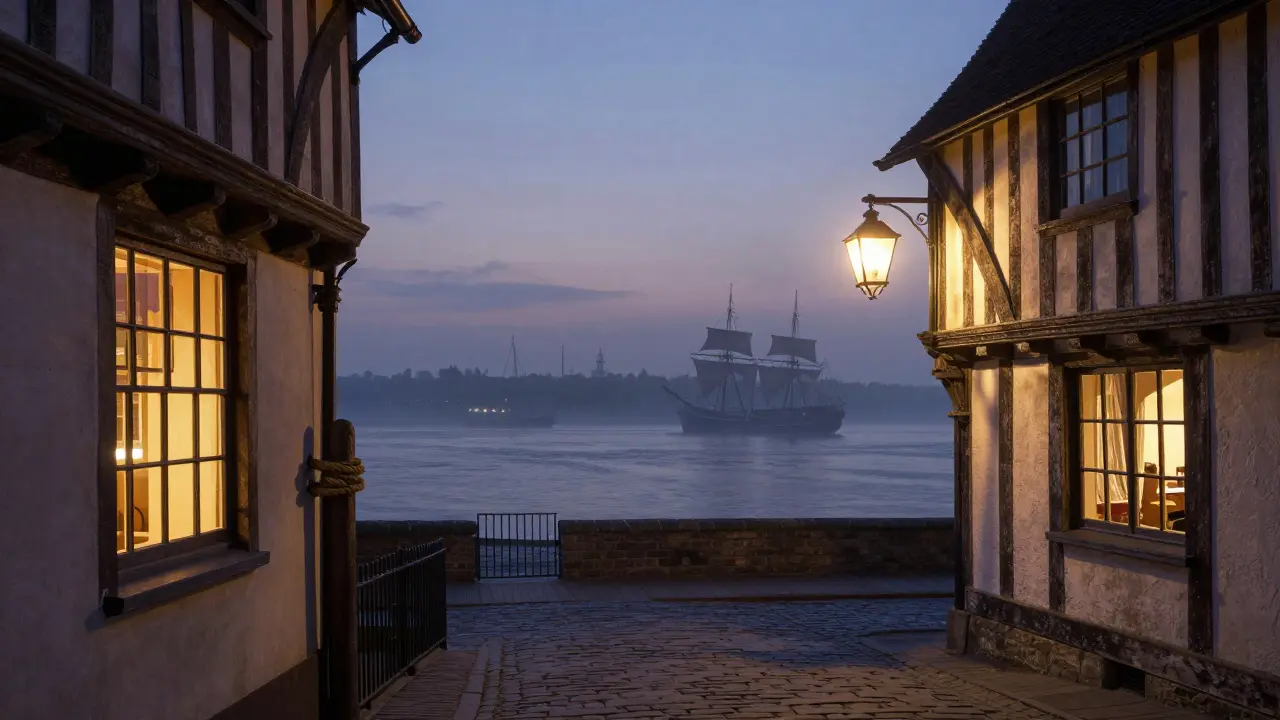 Old riverside pub at dusk with rope tied to a post, sailing ships in the misty Thames.