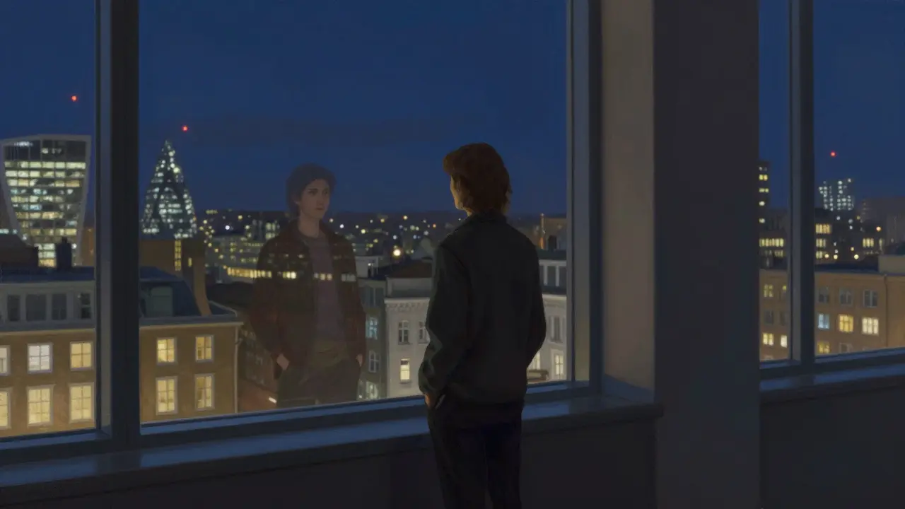 Person reflecting by a window with London skyline view.