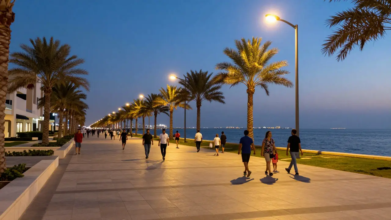 Safe, well-lit Corniche promenade along the waterfront at dusk.