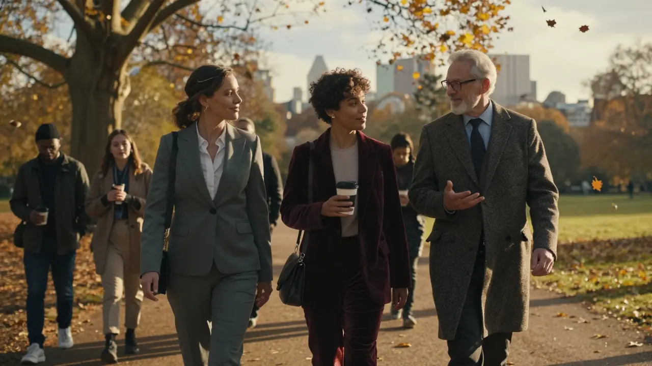 Three diverse individuals walking together through Hyde Park at sunset, sharing a moment of companionship.