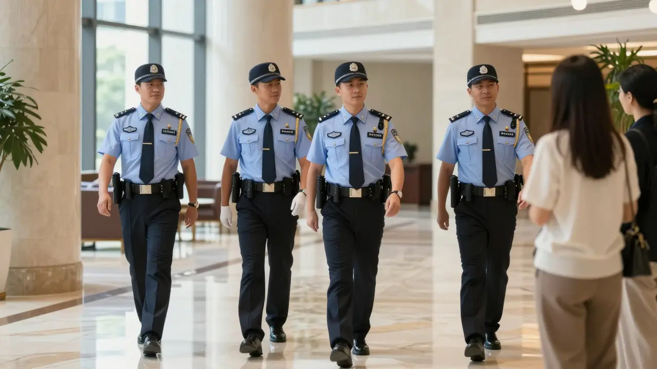 Tourism police walking in hotel lobby talking to visitors.