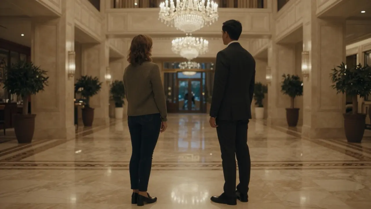 Two figures meeting safely in a luxury hotel lobby