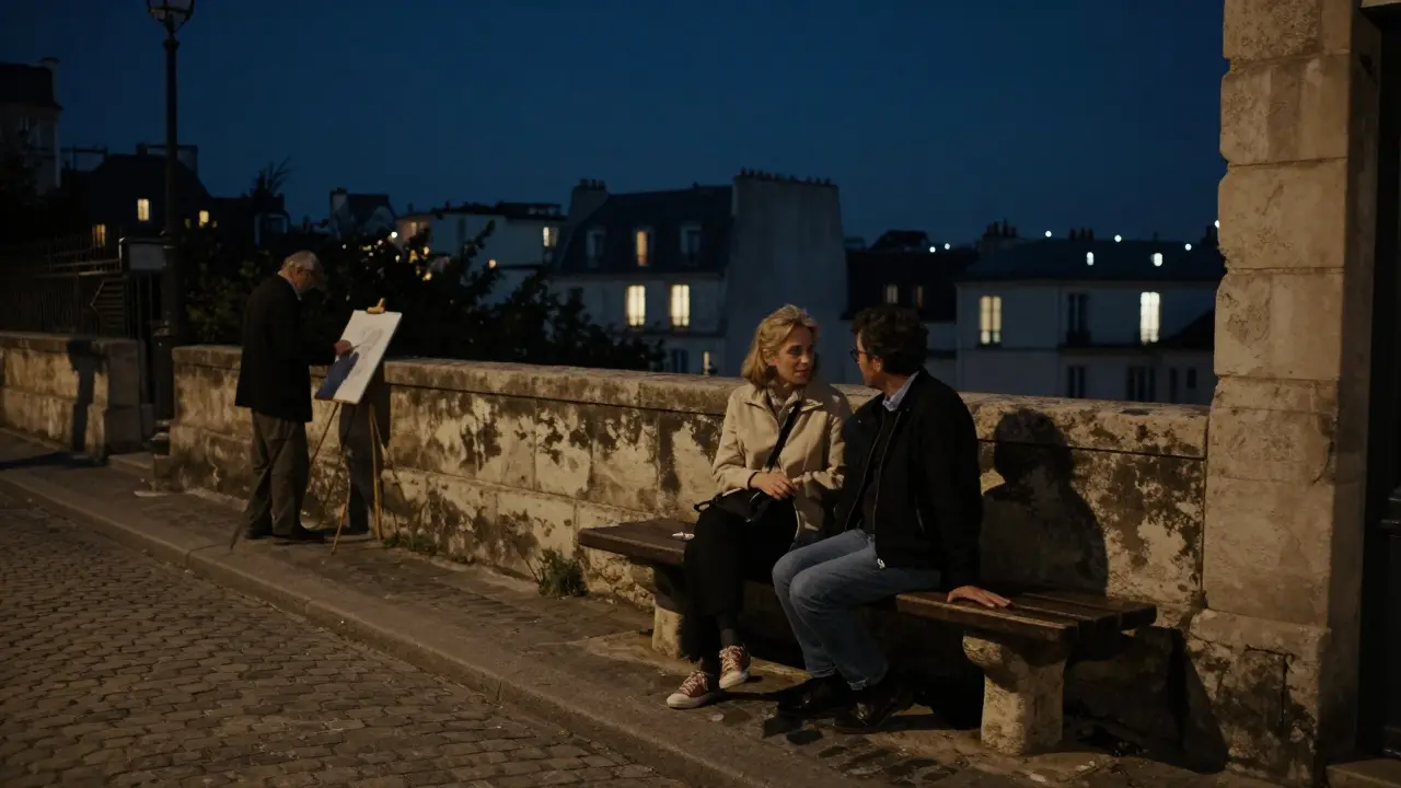 Two figures on a quiet Montmartre bench at night, overlooking Paris, a distant artist sketching in shadow, no crowds or lights.