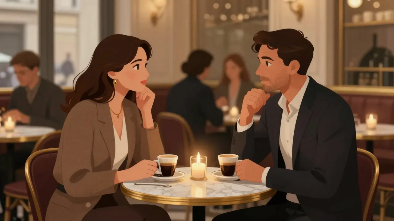 Two people conversing respectfully over coffee in a warm Parisian cafe