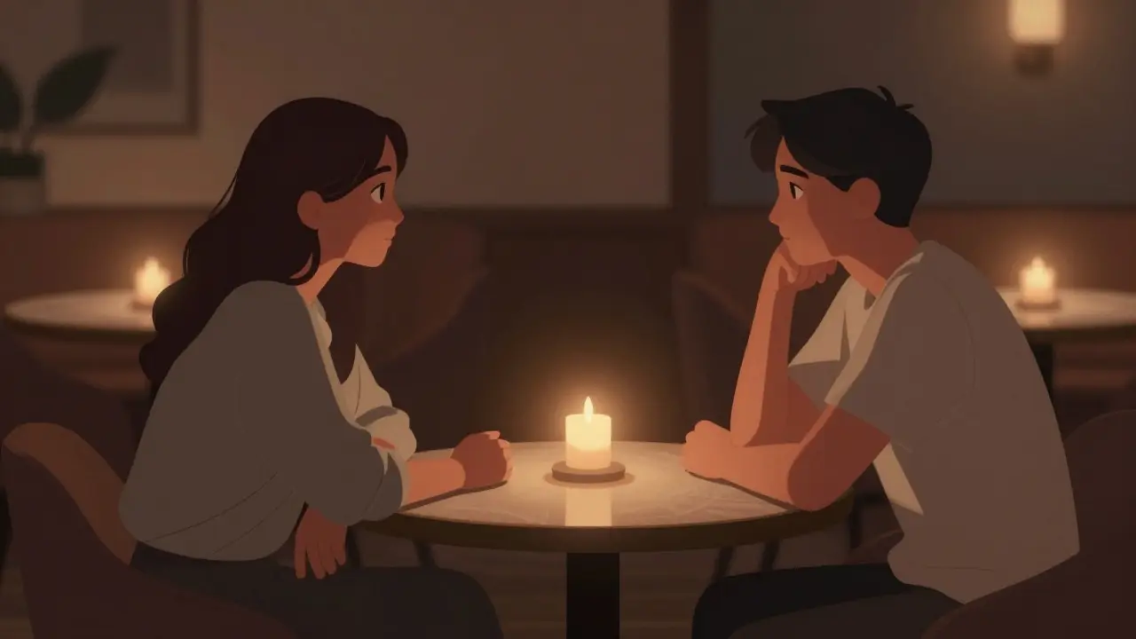 Two people having a quiet conversation in a dimly lit upscale lounge