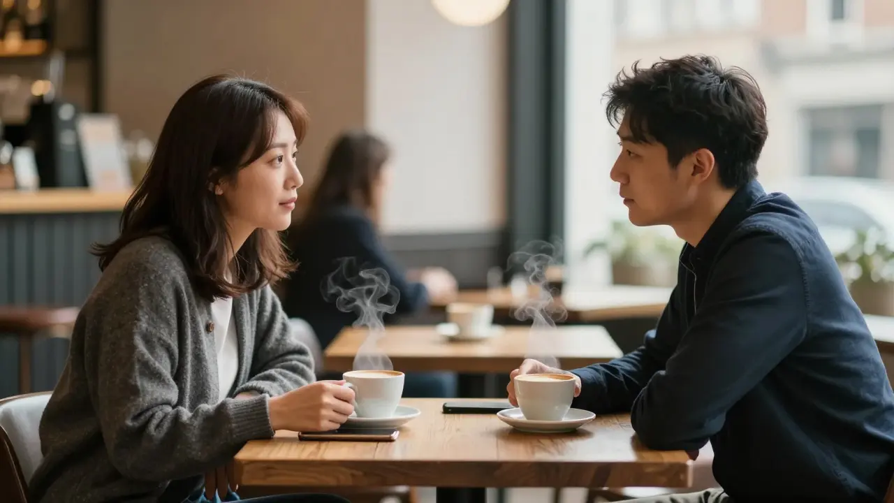 Two people having a respectful conversation in a quiet cafe.