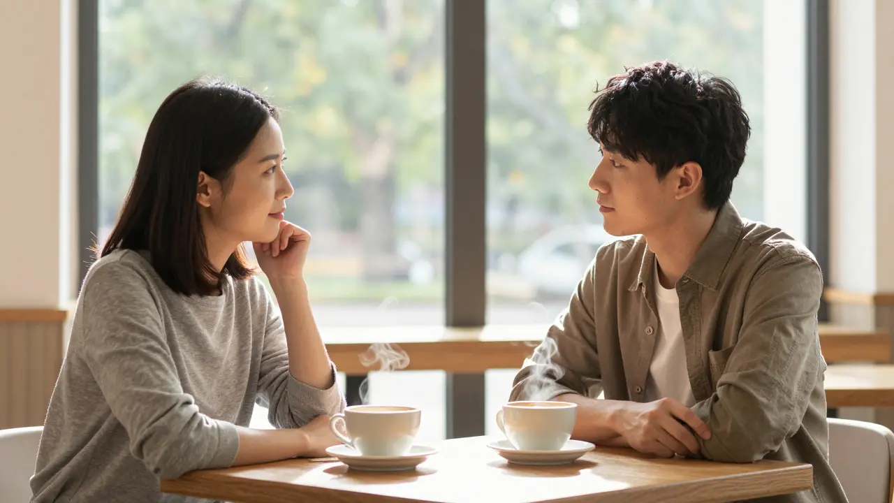 Two people having a safe first meeting in a public Berlin cafe