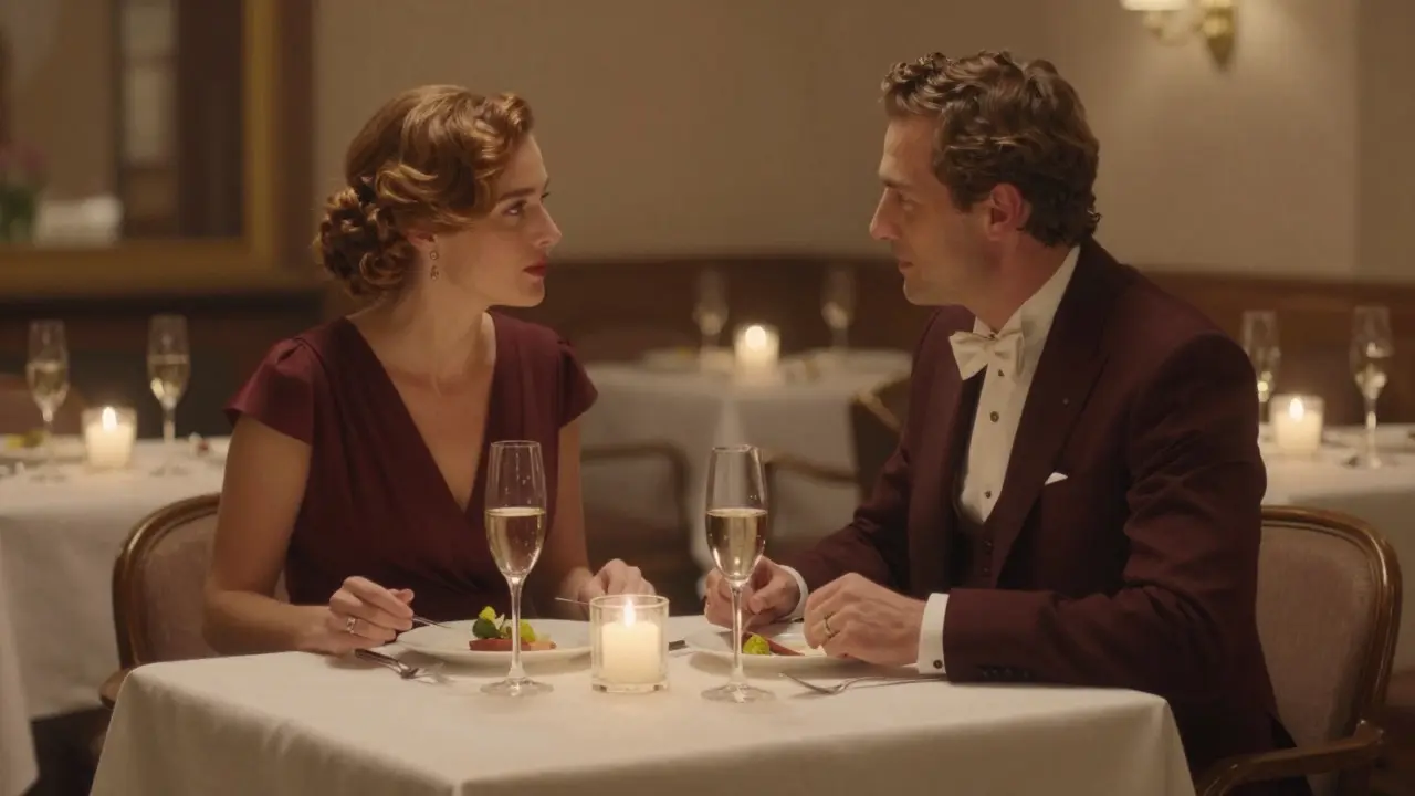 Two people having elegant dinner conversation at upscale restaurant