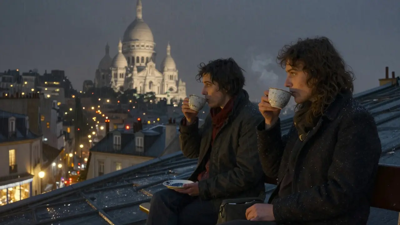 Two people share a quiet moment on a Paris rooftop at night, overlooking Sacré-Cœur under soft rain.