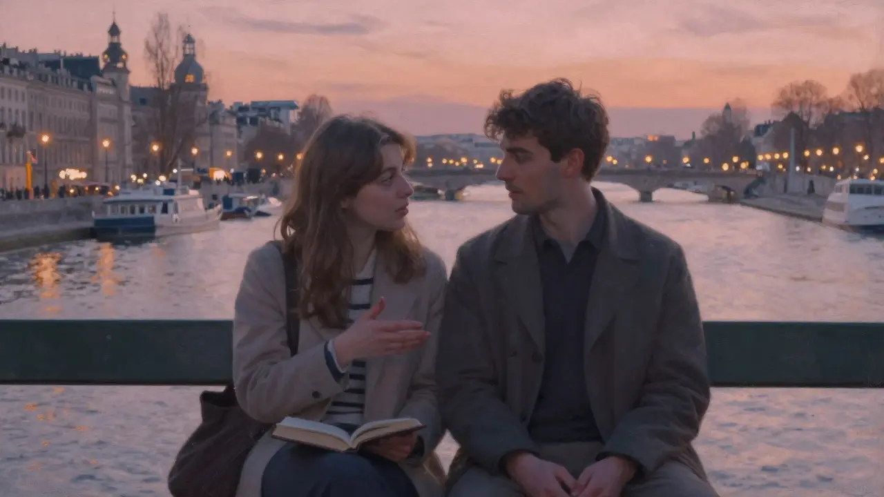 Two people sitting side by side on a Seine bench at dusk, sharing a quiet moment without physical contact.