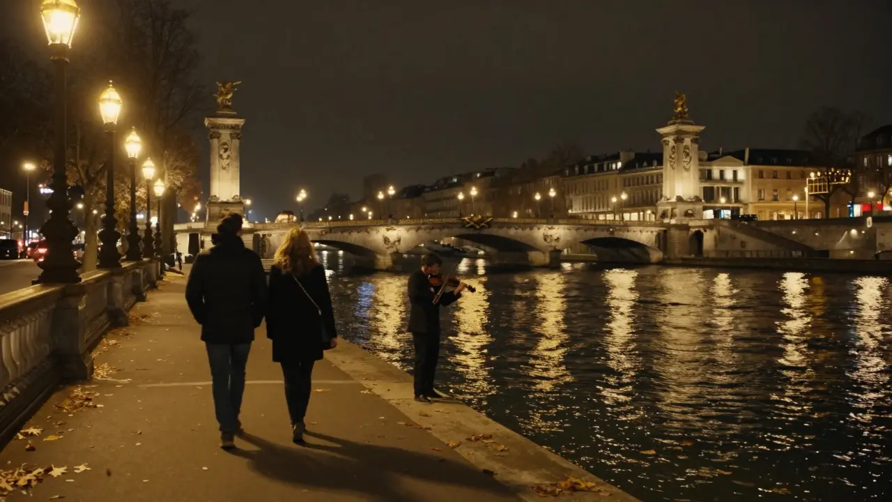Two people walk slowly along the Seine at night, golden bridge lights reflecting on the water as a violinist plays nearby.