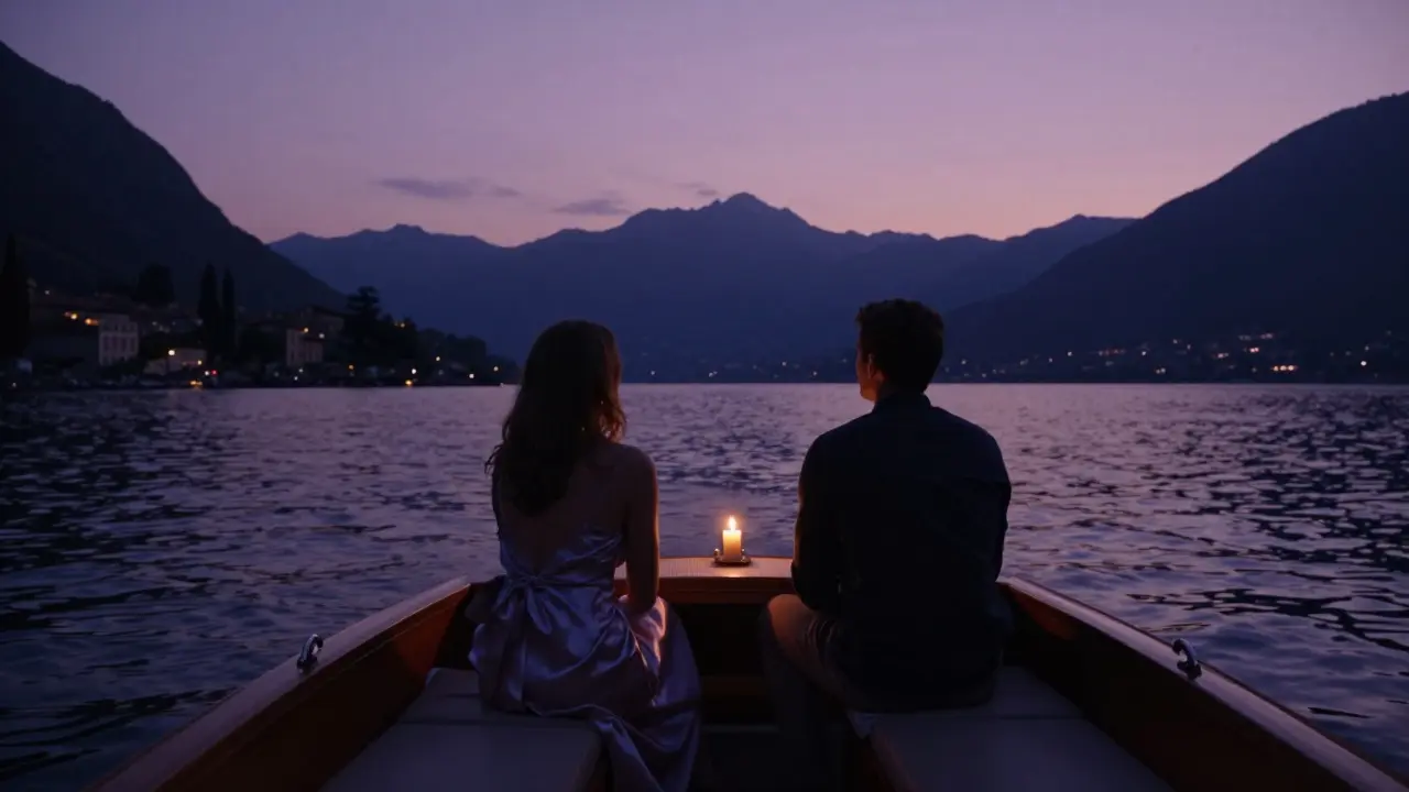 Two silhouettes on a private boat at dusk on Lake Como, candlelight glowing softly as mountains fade into the horizon.