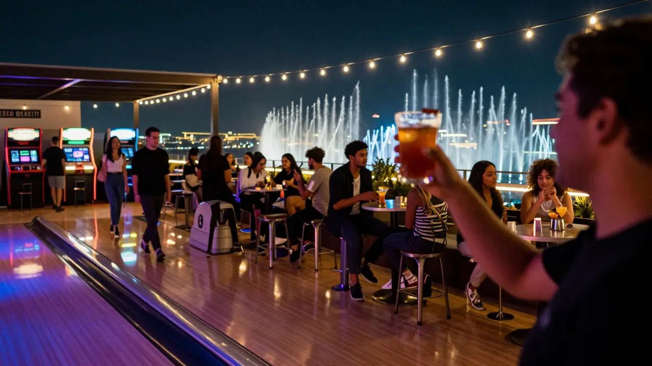 Vibrant rooftop terrace at Zero Gravity with Dubai Fountain in the distance, people drinking and laughing under string lights.