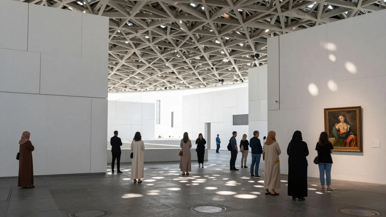 Visitors inside Louvre Abu Dhabi viewing art under the dome.