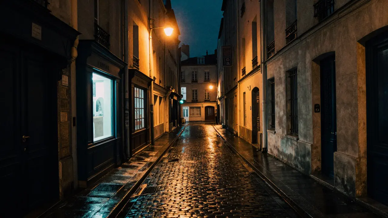 Wet cobblestone alley at night with reflections.