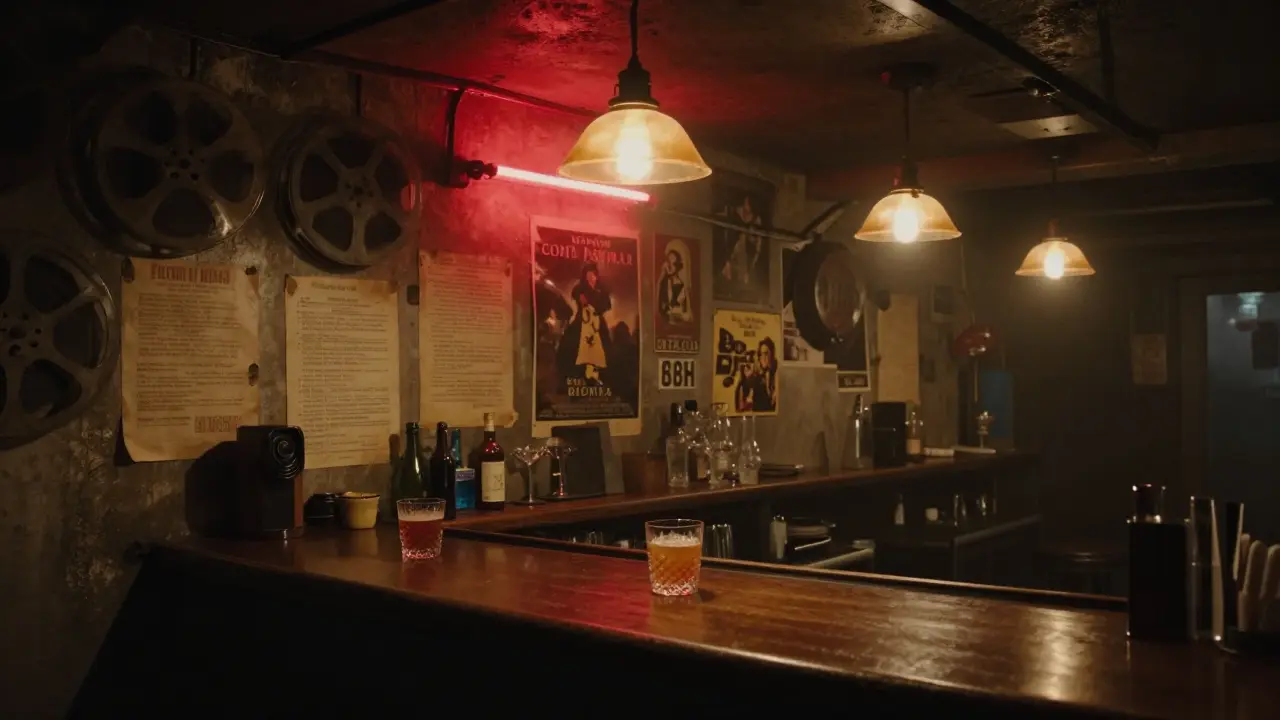 A dim, moody Soho basement bar filled with authentic film memorabilia