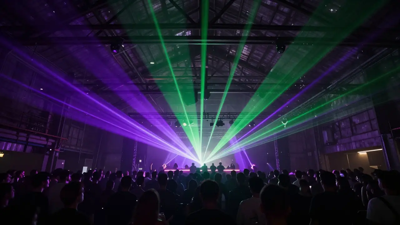 Crowd dancing inside a dark warehouse club with lasers