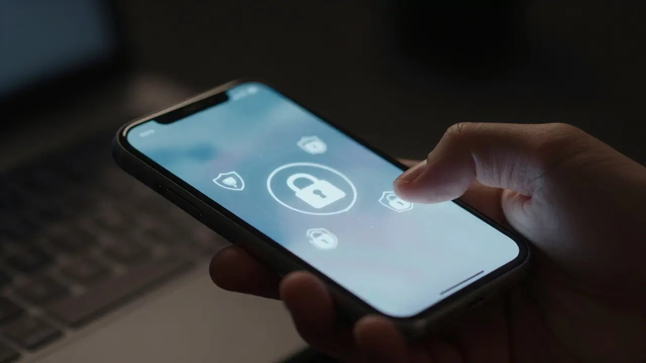 Hand holding smartphone with abstract security icons glowing on screen in darkness.
