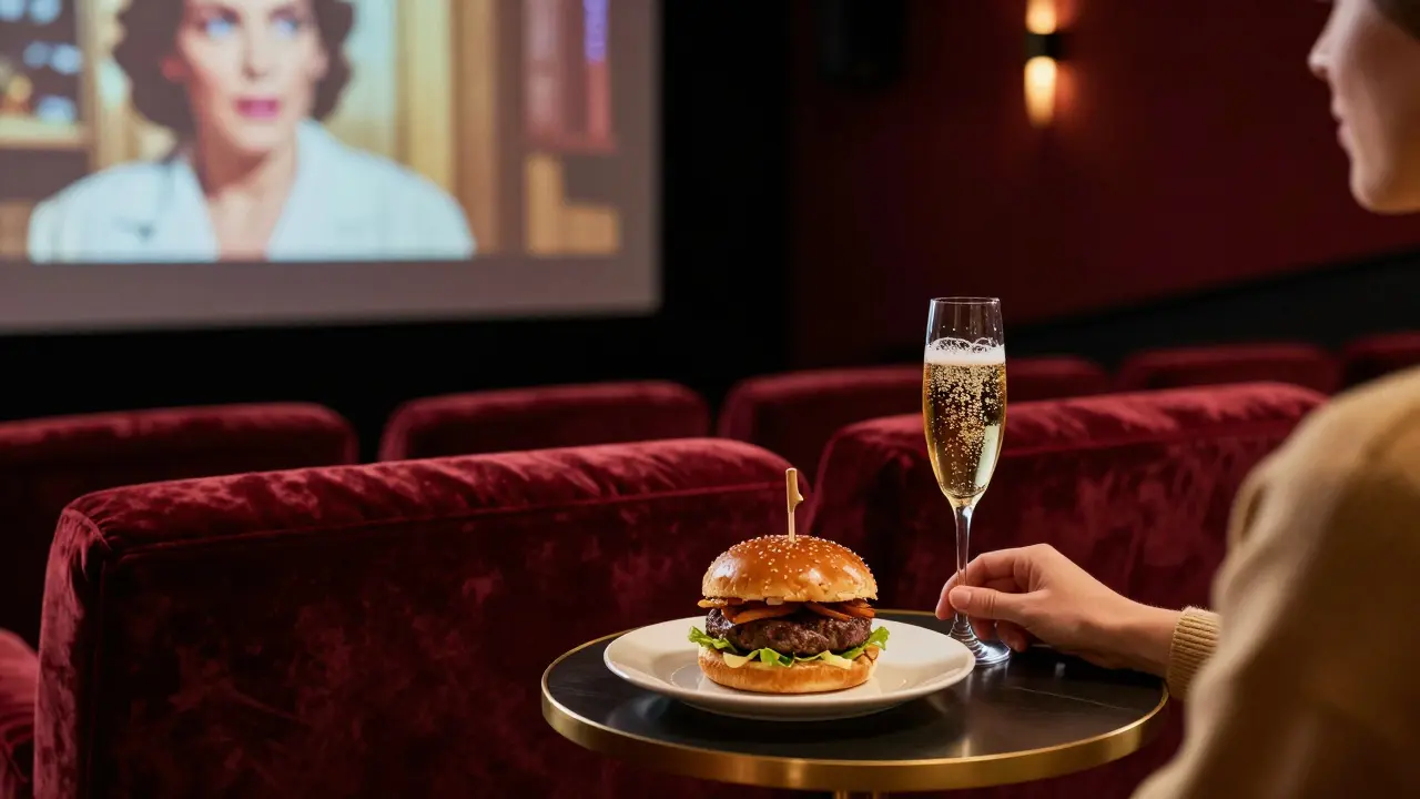 Luxury boutique cinema with plush velvet sofas and gourmet dining
