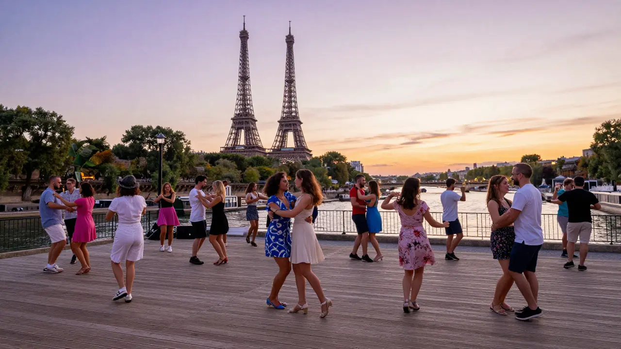 People dancing salsa on an open-air floor by the Seine with the Eiffel Tower in the background