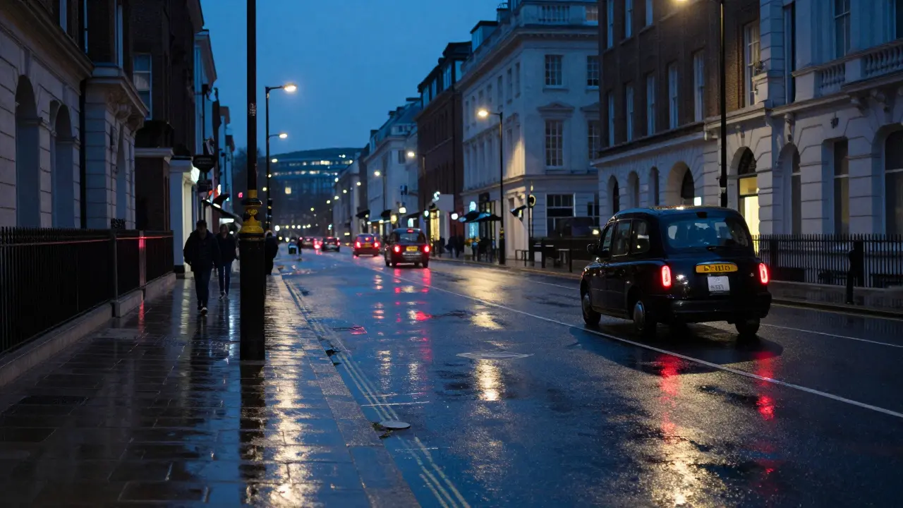 Quiet rainy London street at night with taxi lights visible