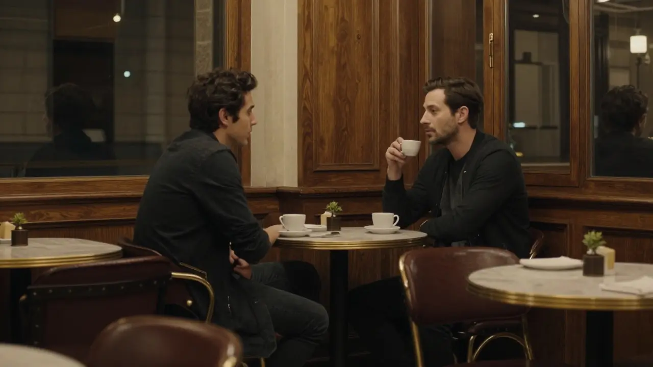 Two people sitting separately in a dimly lit cafe having a preliminary meeting.